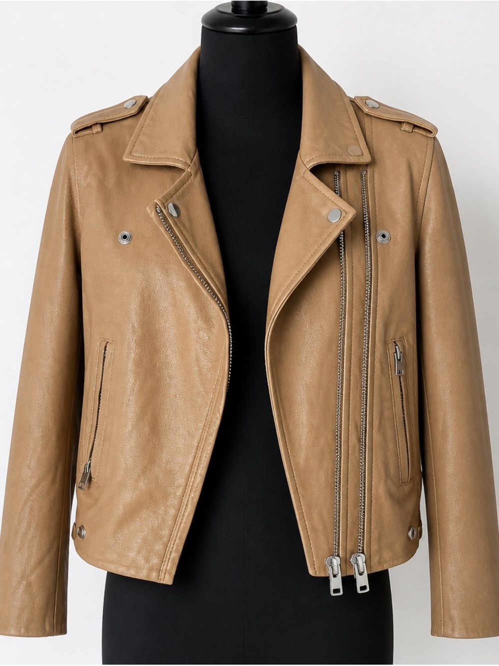 IRO Tan Leather Biker Jacket with Asymmetric Zipper